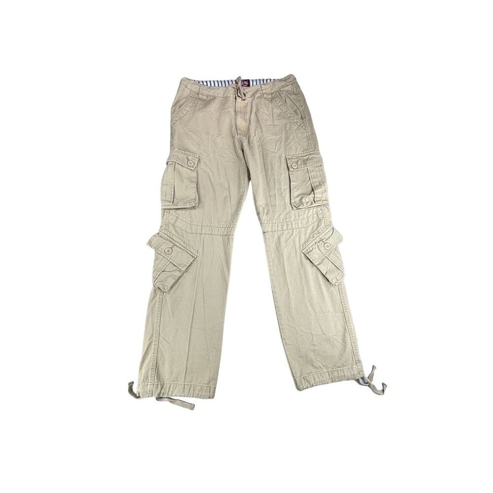 Y2K Matchstick Cargo Pants Mens 36 XXL 100% Cotton Tie Hem Utility Multi Pocket